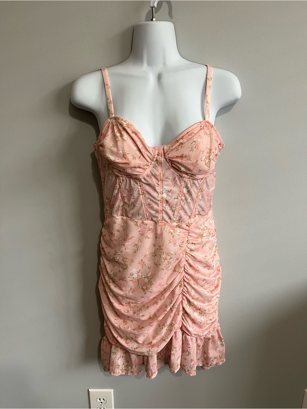 Shein Size M Floral Corset Bodice Vertical Ruching & Ruffle Hem Mini Dress